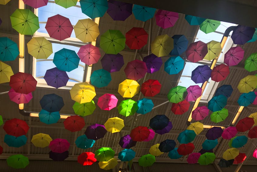 Should you reach for an umbrella if there is a 30 per cent chance of rain?  I guess that depends on who you ask. I came across this lovely display of umbrellas hanging from the ceiling at The Village Shopping Centre in St John’s N.L. earlier this month.