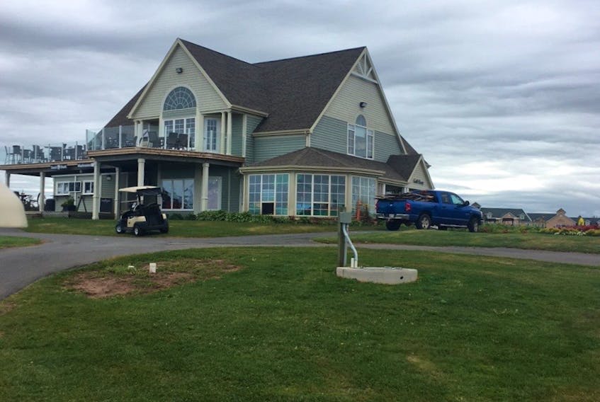 The clubhouse at the Links at Crowbush Cove was damaged from a fire Monday night. The damage can been seen next to the blue truck in the right of this image.