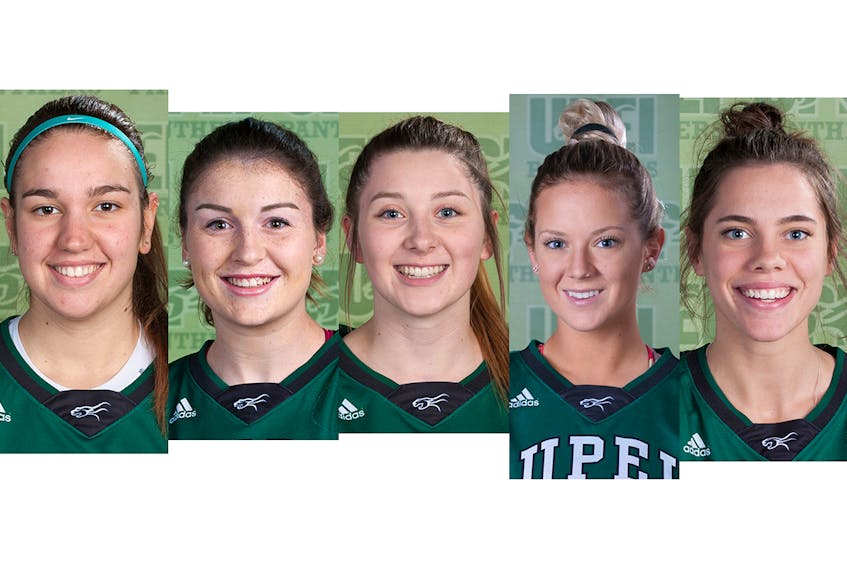 The UPEI Panthers women's basketball team's starting five, from left, Carolina Del Santo, Jenna Mae Ellsworth, Reese Baxendale, Jane McLaughlin and Kiera Rigby.