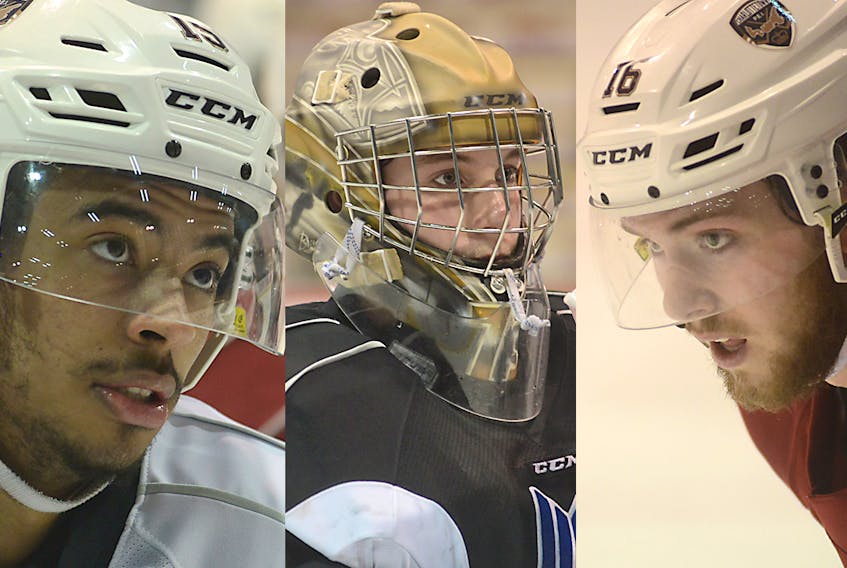 Charlottetown Islanders, from left, captain Pierre-Olivier Joseph, goalie Matthew Welsh and forward Keith Getson, will be back with the club next season to form the nucleus of a squad built to continue winning.