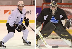 Charlottetown Islanders defenceman Oscar Plandowski, left, and goalie Jacob Goobie will wear the Maple Leaf at the World Under-17 Hockey Challenge in November.
