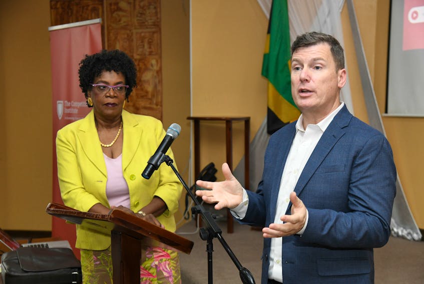Velsoft’s CEO Jim Fitt, with Competitiveness Institute ‘s  Dr. Beverley Morgan at the launch of the project in Kingston,  Jamaica on May 9, 2019.
