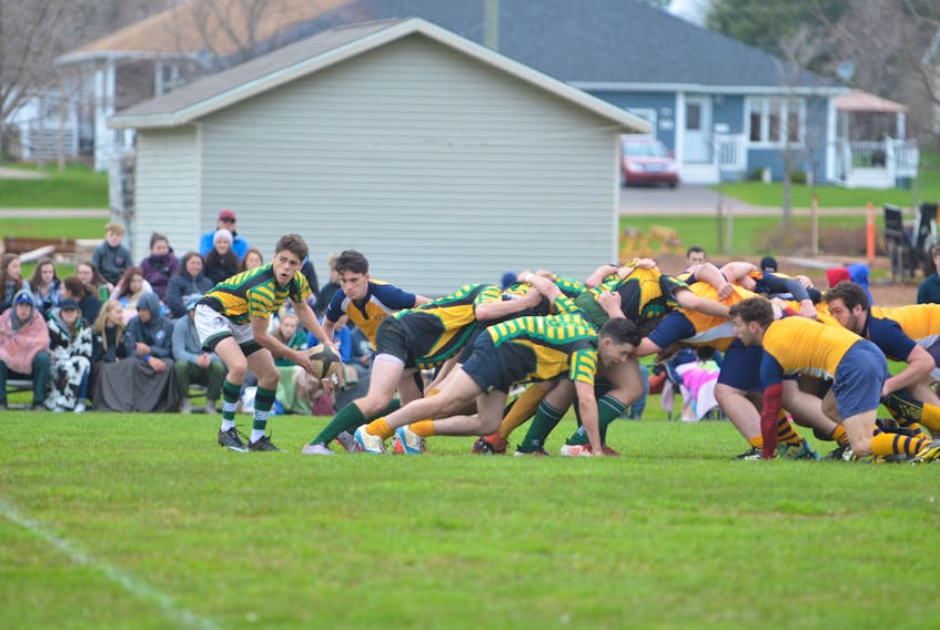 The host Three Oaks Axemen, striped shirts, and Westisle Wolverines battle in the opening game of the 22nd annual David Voye Memorial rugby tournament at Three Oaks Senior High School in Summerside on Thursday night.