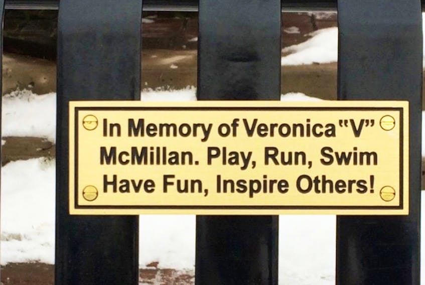 The plaque inscription on the bench, at Truro’s Civic Square, dedicated to Veronica ‘V’ McMillan, originally from St. Andrews, Antigonish County.