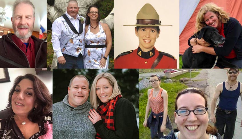 Some of the victims of Nova Scotia's mass killing, from left to right: Top: Tom Bagley, Greg and Jennifer Blair and Lisa McCully. Bottom: Heather O'Brien, Alanna Jenkins and Sean McLeod, Emily Tuck, Jolene Oliver and Aaron (Friar) Tuck.