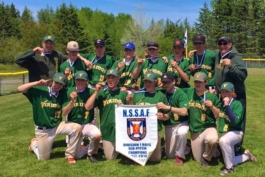 The ARHS Vikings defeated Halifax West 17-3 on Monday to capture the NSSAF boy’s slo-pitch championship in Brookfield. Members of the team include: (front, from left) Jackson Comeau, Cal Hoeg, Brady Crowe, MacKenzie Comeau, Mike Farrell, Cole Stevens, Jackson Colborne, (back, from left) coach Darren Collins, Jacob Melanson, Zac Boudreau, Matthew Hunter, Frank Bacon, Jayden Matheson, Kyle Walker and coach Charlie Chambers.