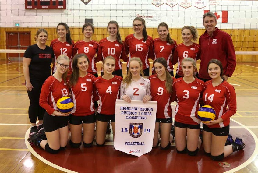 The Riverview Royals girls volleyball team will participate in the Nova Scotia School Athletic Federation Division 1 provincials this weekend in Bridgewater. From left, front row, Ainsley Pelley, Ireland Harris, Kara MacKenzie, Fiona MacLellan, Gabby Sampson, Madeleine LeVert and Kate Farrell. From left, back row, Brianna Brewer (coach), Rheanne MacLeod, Brie MacPhee, MacKenzie Skinner, Emily Phillipo, Guilia Palermo, Kolby Bussey and James MacLellan (coach).