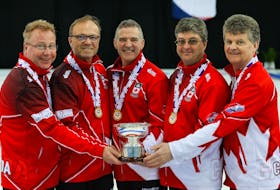 Team Canada, with a pair of Islanders on the roster, won the world senior men's curling championship Saturday in Norway. From left are Paul Adams, Ken Sullivan, Morgan Currie of Summerside, Ian MacAulay of Souris and Bryan Cochrane. Alina Pavlyuchik/World Curling Federation