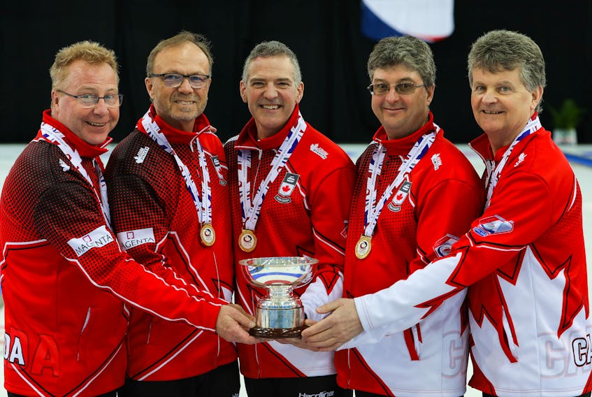 Team Canada, with a pair of Islanders on the roster, won the world senior men's curling championship Saturday in Norway. From left are Paul Adams, Ken Sullivan, Morgan Currie of Summerside, Ian MacAulay of Souris and Bryan Cochrane. Alina Pavlyuchik/World Curling Federation