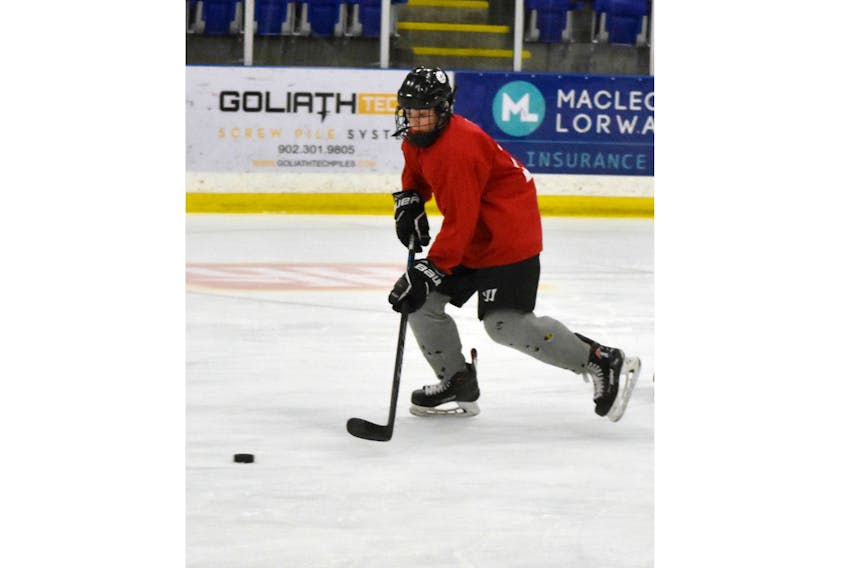 Major bantam Wear Well Bombers captain Landon Sim skates during a practice at the Pictou County Wellness Centre where this week, the team is hosting the Nova Scotia Major Bantam Provincial Championship.