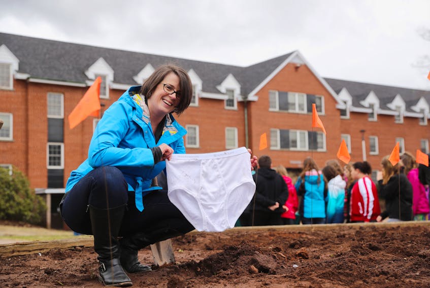 Carolyn Marshall soils her undies at an event held at the Dalhousie Agricultural Campus in Bible Hill.
Nick Pearce photo