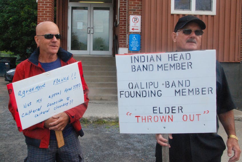 Joseph Gallant, right, and his brother Loyola Gallant, both of South Branch, spent Friday morning protesting the federal government’s release of the new founding members list for Qalipu First Nations Band in Corner Brook. The two brothers no longer have status after the new list was made, but they have a sister who still maintains her status. They are disappointed that the federal government is taking away their identity.
