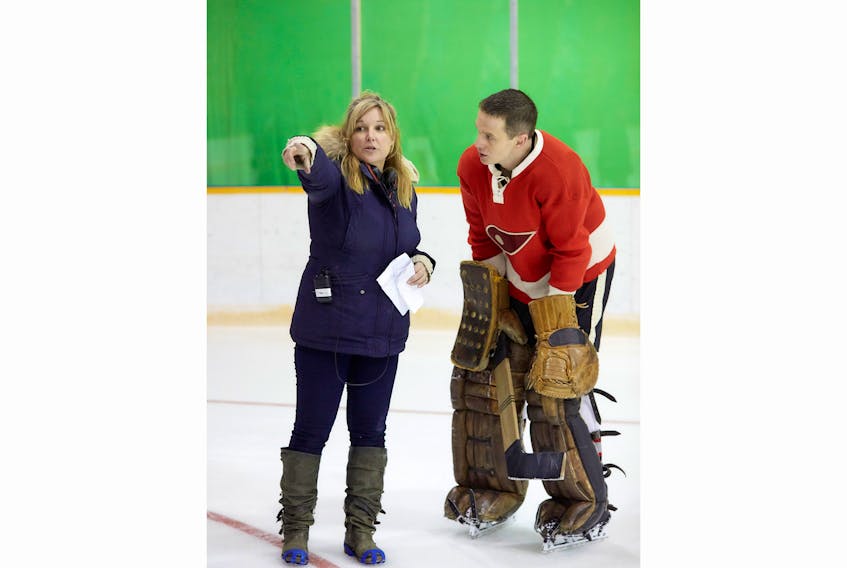 Director Adriana Maggs is seen with actor Mark O’Brien during the filming of “Goalie.” Maggs, a Corner Brook native, co-wrote the film with her sister, Jane Maggs. Photo courtesy of Mongrel Media