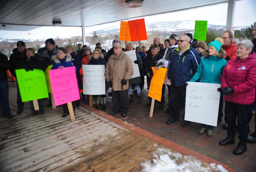 Concerned citizens were addressed by both Dr. Justin French and Premier Dwight Ball during a rally in Corner Brook Friday in support of French’s eye care clinic proposal.