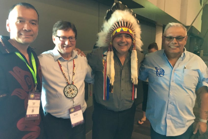 (From left) Councillor Corey John, Miawpukek First Nation, Chief Brendan Mitchell, Qalipu First Nation, National Chief Perry Bellegarde, Assembly of First Nations and Chief Mi’sel Joe, Miawpukek First Nation, at the 39th Annual General Assembly in Vancouver earlier this week.