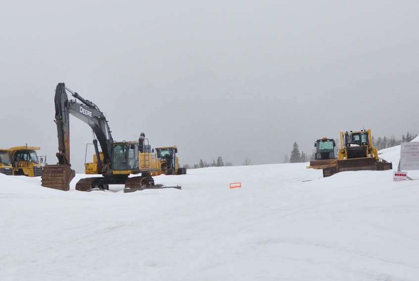 Equipment sits idle on the site of the new hospital and long-term care facility off the Lewin Parkway in Corner Brook. Construction on the long-term care facility is expected to ramp up once the snow goes.