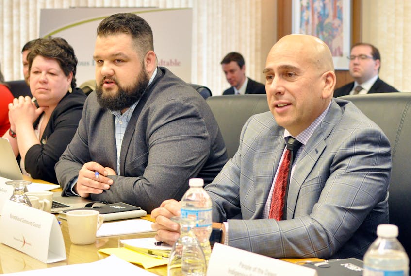 Todd Russell, president of the NunatuKavut community council, attended an Indigenous Leaders Roundtable at the Sir Richard Squires Building in Corner Brook on Friday. At left is Christopher Sheppard, executive director of the St. John’s Native Friendship Centre.