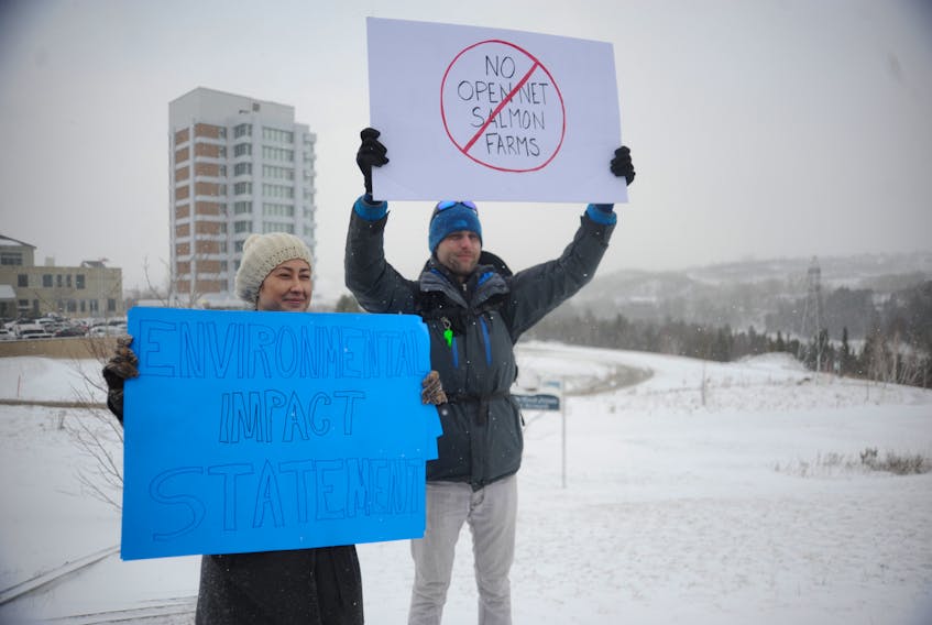 Sarah Butt (left) and Garry MacKenzie took part in the Corner Brook protest against open-net fish farming in Newfoundland and Labrador Thursday.