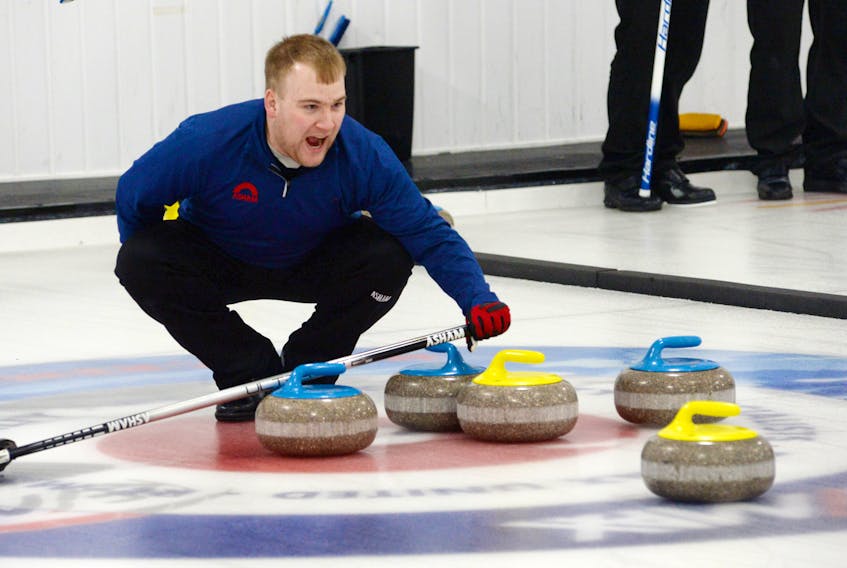 Matthew Hunt participates in the 2018 provincial men’s curling Tankard as the third for the Greg Smith foursome. The Smith rink won the provincial Tankard with a 9-4 win over Andrew Symonds on Sunday at the ReMax Centre in St. John’s.