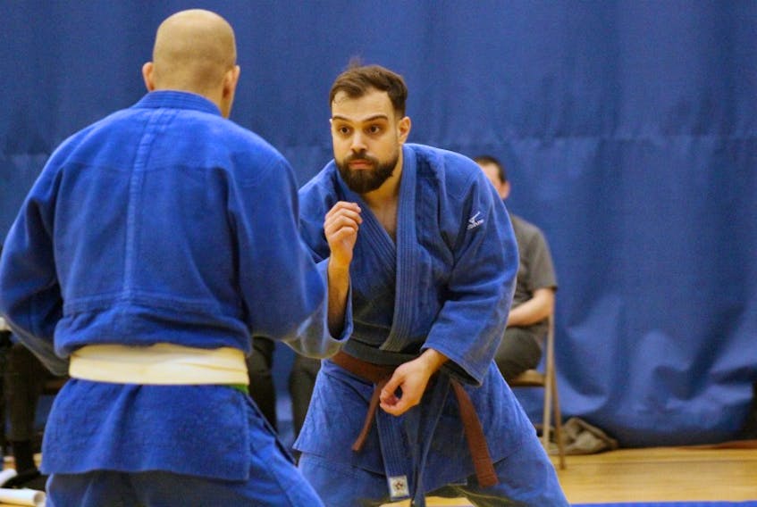 Brian Gibbons won top honours in the brown belt -90-kilogram weight class at the 2018 provincial judo championships held at the Power Plex in St. John's over the weekend. He is seen here competing against Jamie Suley of Gander, who he beat in two-straight matches to win his weight class.