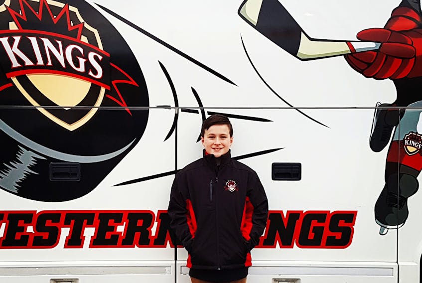 Western Kings AAA peewee goalie Joshua Buckle poses for the camera outside of the team bus. Buckle will be busy this weekend trying to keep pucks out of the cage as the Kings hit the ice for a provincial AAA peewee hockey league tournament weekend with two games in Corner Brook Friday and two more Saturday in Rocky Harbour.
