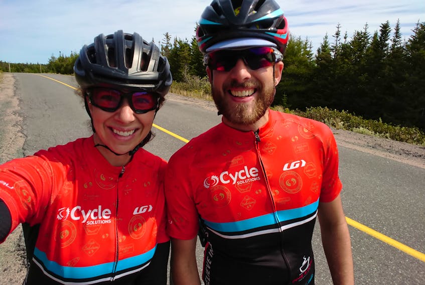 Photo courtesy Dawn Leja
Dawn Leja of Corner Brook (left) is always game to hit the pavement on her bike. She was one of a dozen or so avid cyclists from the west coast who participated in the BonRexton Gran Fondo over the weekend. Here, she is shown with Ryan David Butt, one of the event organizers.