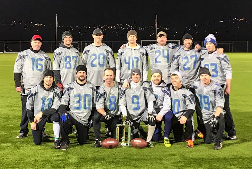 The Marine Lounge are Corner Brook Coors Light Touch Football League champions after a 19-6 defeat of the Golden Gophers Sunday. Members of the team are: front (l-r) — Paul Prosper, Rob Park, Adam Anderson, Robert Wheeler, Jeff Griffin, Evan Brake and Steve Perry; back — Clifford Osbourne, Sean Greene, Jon Patten, Doug Miller, Brad Seaward, Harry Patterson and Ryan Hawco.