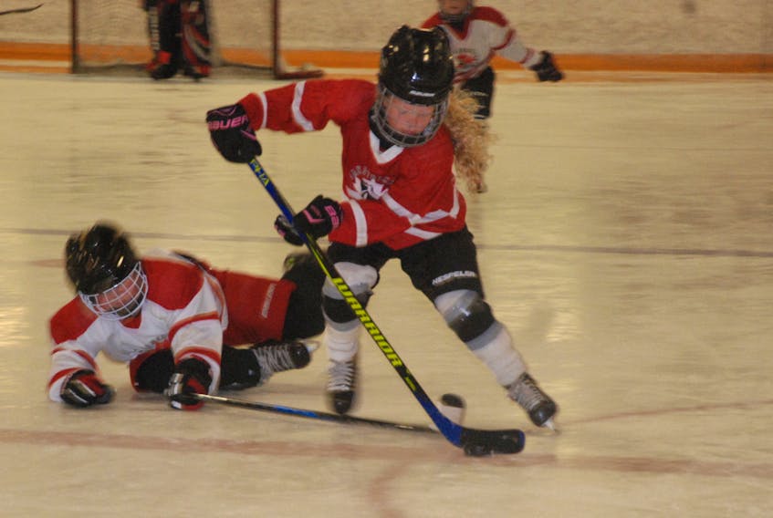 Here, Ella Parsons of Kippens breaks away from an opposing player during an on-ice session Monday afternoon.