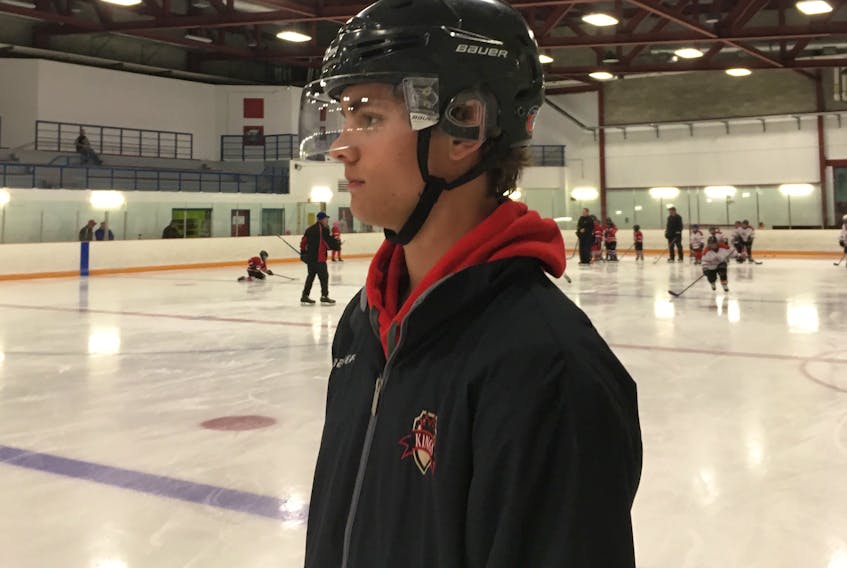 Kyle Robinson, seen here lending a hand at the Juan Strickland Hockey School Wednesday morning at the Kinsmen Arena II in Corner Brook, will be playing this season for the Notre Dame Hounds of the Saskatchewan Junior A Hockey League.