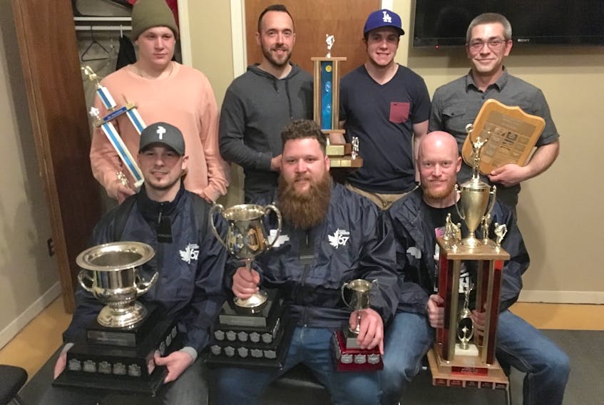 The Corner Brook Men's Broomball League held its annual awards night over the weekend. The winners included, from left (front) Paul Prosper of Western Building Products (MVP regular season and team MVP), Cory Jones of Western Building Products (Most improved player) and Michael Hawco of Western Building Products (playoff Most Valuable Player); (back) Ian Jones of Western Building Products (co-winner top goalie award with Brandon Anderson Newfoundland Fasteners), Chris Bulger and Gregory Baldwin of Newfoundland Fasteners (co-winners sportsmanship award) and Keith Decker of the Monarchs (top defenceman).