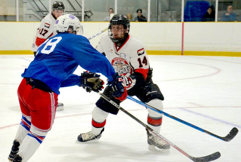 Malcolm Genge (right) is seen here competing for the Pictou County Weeks Crushers in a Maritime Hockey League exhibition game against the Summerside Western Capitals earlier this month.