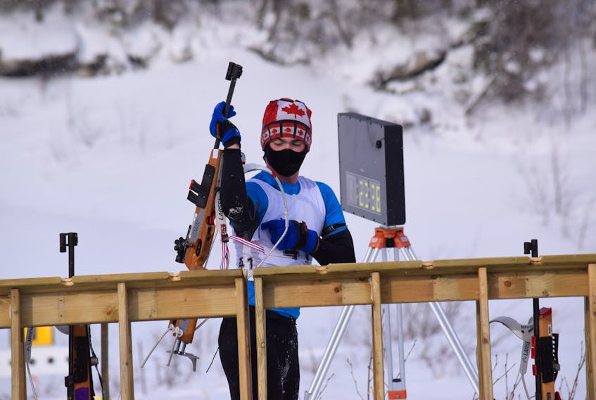 Corner Brook’s Lucas Hann is seen getting in some practice at the biathlon range at Blow Me Down Trails during a recent training session to prepare him for the 2018 Eastern Canadian Biathlon Championships in Prince Edward Island.