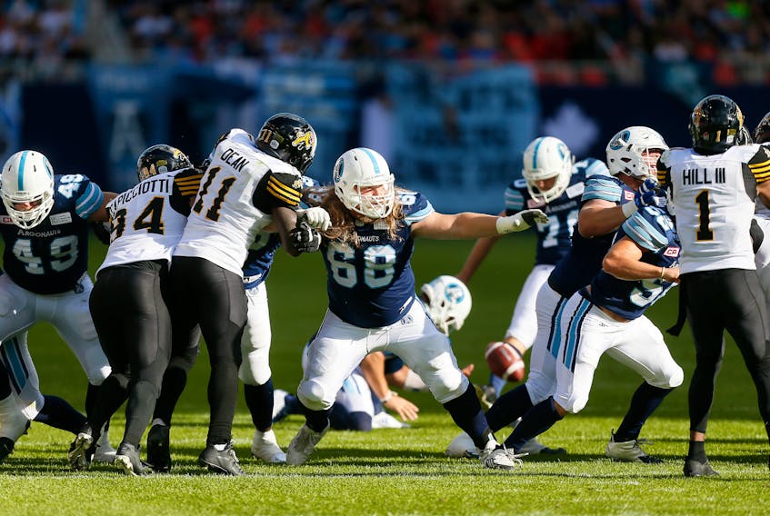 Chris Kolankowski of the Toronto Argonauts (No. 68) is seen in action against the Hamilton Tiger Cats during a 2017 Canadian Football League regular season game. Kolankowski, whose mom Debbie O’Neill is a native of Corner Brook, will be making his Grey Cup debut in his rookie campaign Sunday against the Calgary Stampeders at TD Place in Ottawa.