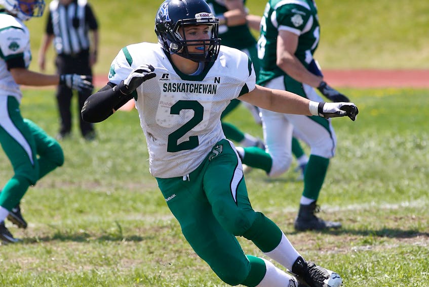 Nathan Anderson will suit up for Canada in the Can-Am Football Game July 7 in Saskatchewan. His mom Shelley Wiseman and stepdad Darren Balsom will be among the fans cheering him on in the annual Canada vs. United States football game for the best Grade 12 athletes in the country scheduled for Kerrobert, Sask.