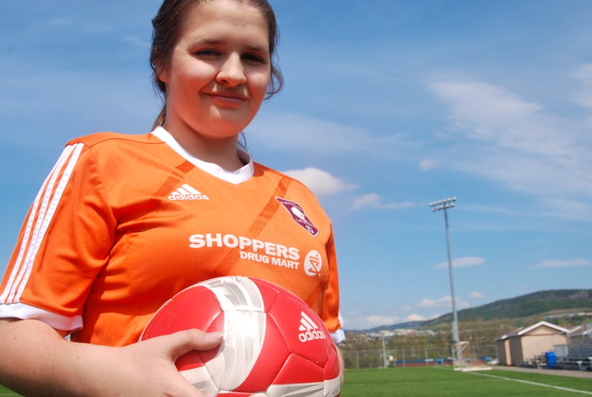 Corner Brook’s Beth Skeard kicks around the soccer ball Thursday afternoon at Wellington Street Sports Complex. She was one of 100 Under-15 Atlantic Canada soccer players who was chosen to attend a Soccer Canada clinic in Halifax where she met her idol Kadeisha Buchanan of Canada’s national women’s soccer team.