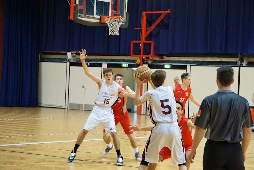 Parker Combdon competes for the Newfoundland and Labrador Canada Games male basketball team during a tour of Europe in 2017.