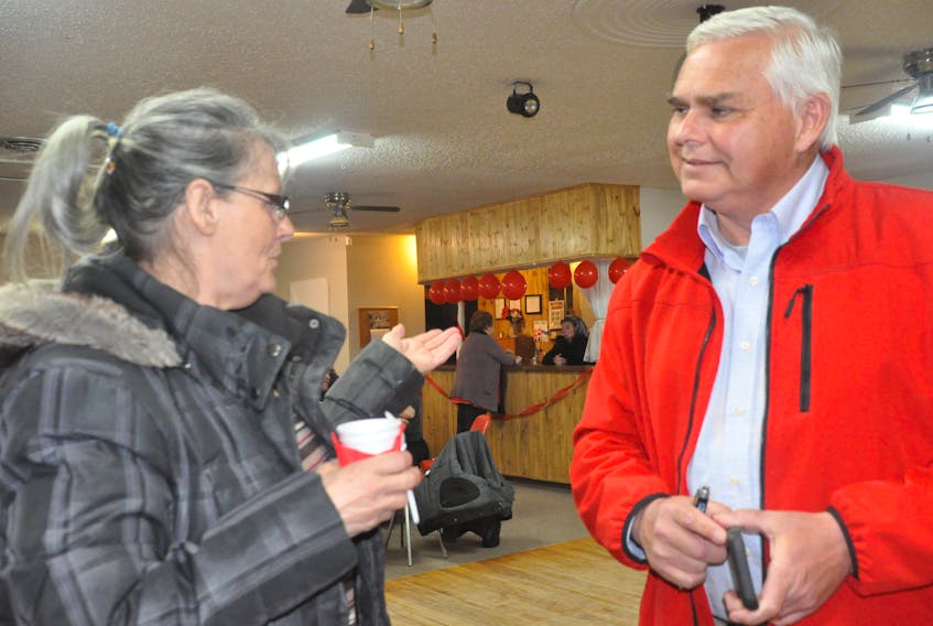 Cora Butt, supporter, speaks with Scott Reid in Stephenville Crossing, who got returned to his seat as MHA for St. George’s – Humber in Election 2019.
