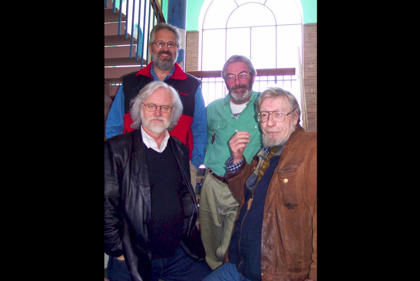Ken Livingstone (front left), died in Montreal Sunday. The co-founder of the fine arts program at Grenfell Campus, Memorial University in Corner Brook, is seen here with arts community colleagues, including the late Al Pittman (front right) and, from left (back), Rex Brown and Paddy Monahan.