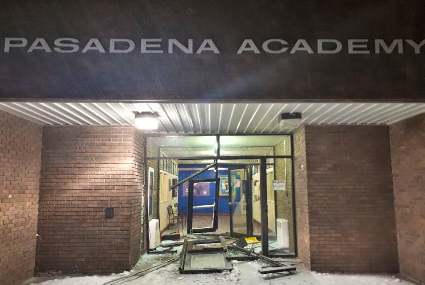 The front entrance to Pasadena Academy in Pasadena was extensively damaged when it was allegedly rammed by a pickup truck on Saturday.