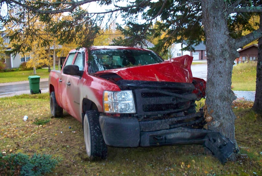 The owner of this pickup, which was involved in an accident in Deer Lake last week, has been charged with public mischief after reporting the vehicle stolen.