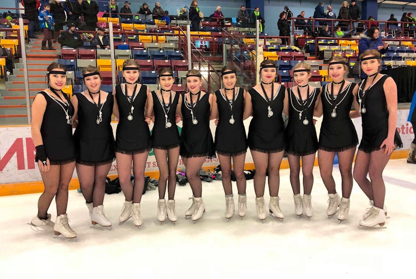 The Silver Blades Skating Club won silver in the pre-novice division at the Elizabeth Swan Synchro Skate Invitational held this past weekend at the Corner Brook Civic Centre. The team included, from left, Caylie Blake, Emily Hancock, Anna Brake, Rebecca Bennett, Danielle Sceviour, Olivia Park, Rhiann Ward, Lauren Hearns, Rachel Whittten and Hailey Martin.