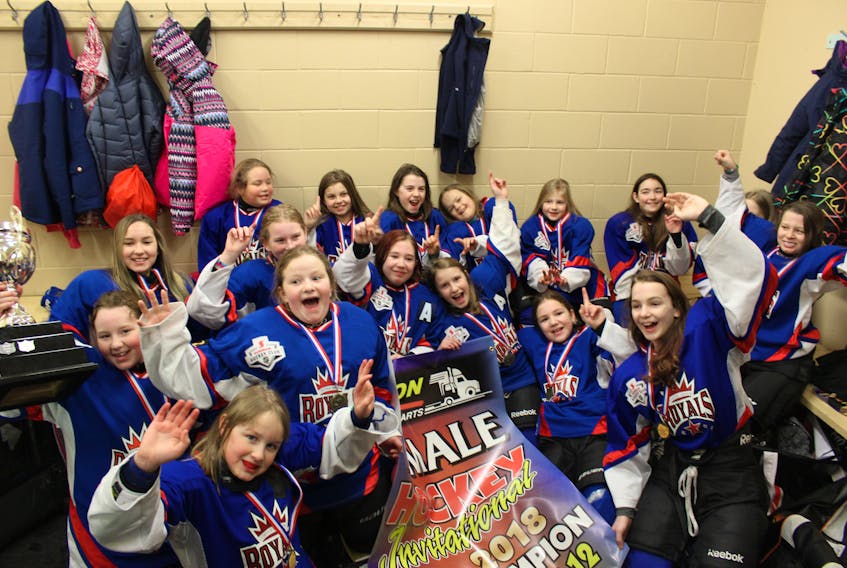 The Corner Brook Royals female hockey team won gold in the Under-12 age bracket at the Traction Tournament held recently in Grand Falls-Windsor. The Royals defeated Gander 8-1 in the championship game to claim gold after going undefeated in round-robin play with a perfect 4-0 record in a double round-robin format that saw Gander entered as the third team. Corner Brook defeated Gander 6-3 and 3-1 in round-robin action, while beating the host team 2-0 and 4-1. Members of the team included, from left (front) Ashley Wiseman and Sylvie Lemoine: (second row) Abigail Woodford, Lauren Pike, Mackenzie Coles, Kathryn Biggin and Aubrie Madore; (back) Jessica Sparkes, Claire Brake, Ava Saunders, Charlise Simmonds, Kate Lombard, Ella Rashleigh, Heidi Kendrick, Sara Penney, Jasmine Batstone and Maggie Whitehorne.