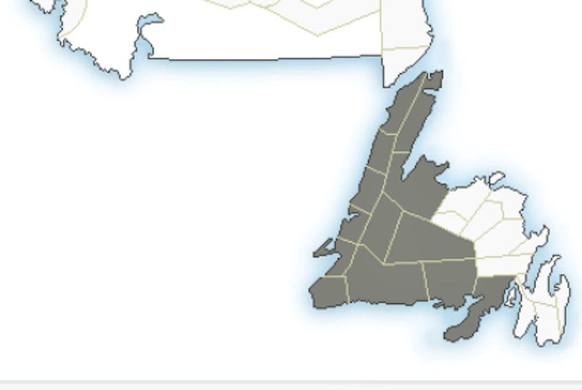 The areas shaded grey show locations in Newfoundland and Labrador affected by the special weather statement issued by Environment Canada Monday.