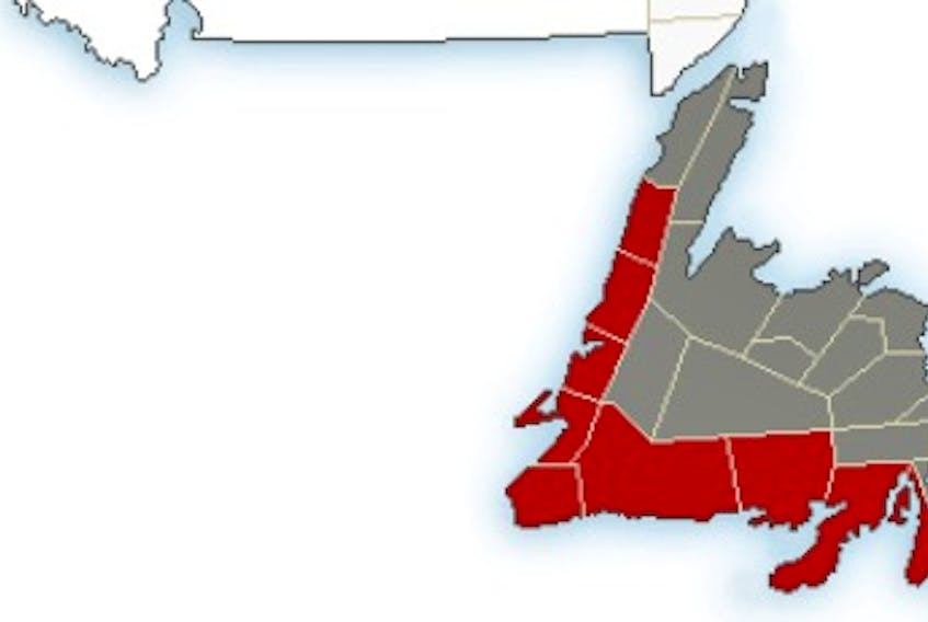 The areas shaded red indicate locations for which weather warnings have been issued, while the areas shaded grey indicate a special weather statement.