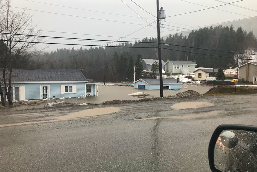 This was what the flooded property of Wally and Yvonne Jesso looked like in Benoit’s Cove Saturday.