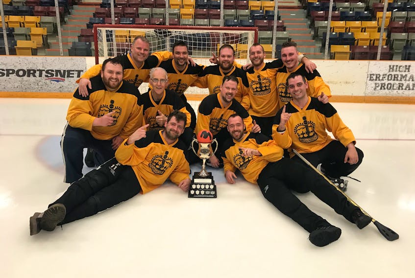 The West Side Monarchs are the 2019 Corner Brook Molson Broomball League playoff champions after completing a sweep of Western Building Products with a convincing 5-0 win in Game 3 of their best-of-five final at the civic centre Monday night. Members of the winning squad include, from left, (front) Brian Park, Chris Bulger; (middle) Marc Green , Eric (Sticky) Young, Jacob Hill, Dylan Green; (back) Johnny Pelley, Cory Rideout, Matthew Simms, Nathan English and Daniel Gallant.