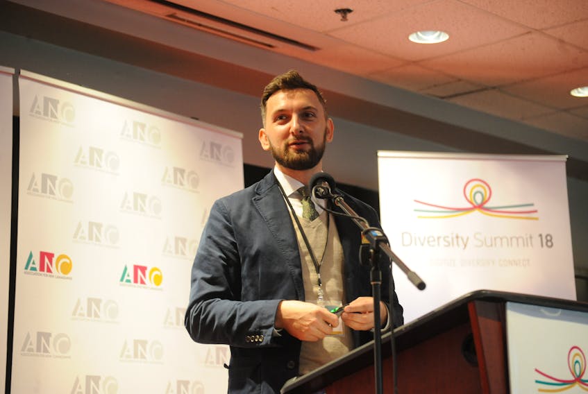 Remzi Cej,  director of the Office of Immigration and Multiculturalism with the provincial Department of Advanced Education, Skills and Labour, speaks during Diversity Summit 2018 in Corner Brook Tuesday morning.