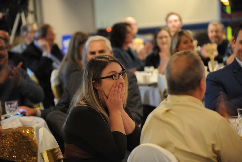 Janice Audeau gasps in disbelief as she is named Female Entrepreneur of the Year at the Greater Corner Brook Board of Trade Business Excellence Awards Wednesday night.