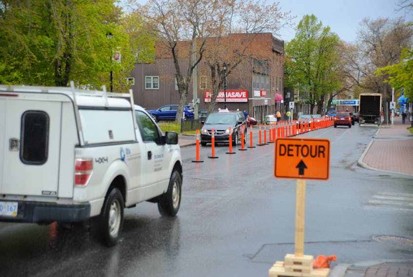 Traffic on upper West Street in downtown Corner Brook is going to be moving two ways for the next six to eight weeks after a temporary detour to accommodate nearby construction commenced Monday morning.