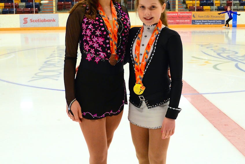 Two members of Western, who are athletes with Silver Blades Skating Club, captured medals at the 2018 Newfoundland and Labrador Winter Games hosted by Deer Lake. The skating portion of the Games was held at the Corner Brook Civic Centre. Medal winners were, from left, Caylie Blake (bronze pre-novice women) and Savannah Burden (gold pre-juvenile women Under-11).